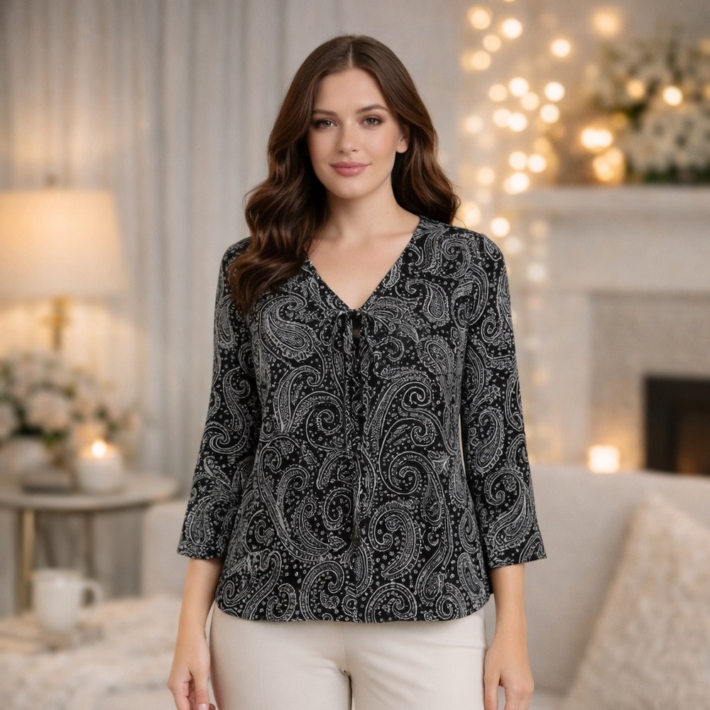 Investments Black White Paisley Top